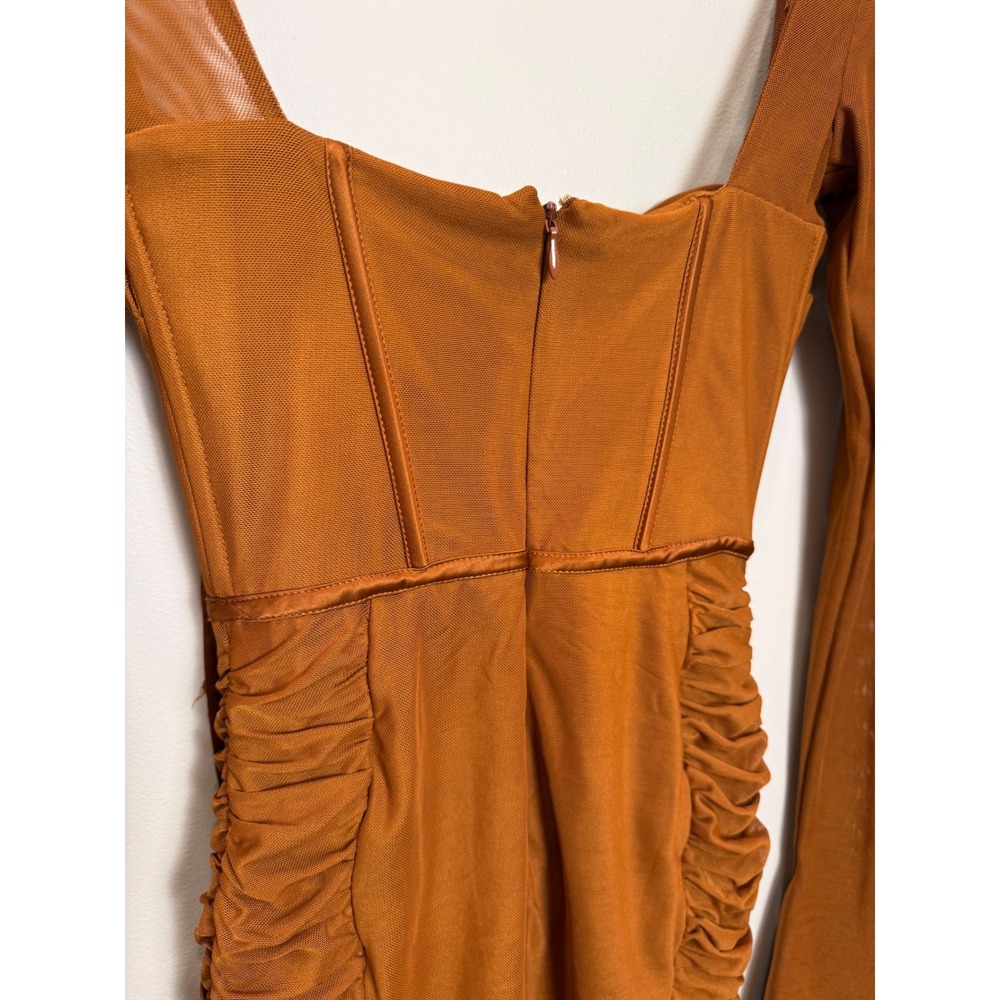 Oh Polly Corset Long Sleeve Mesh Mini Dress Baddie Hot Rouched Sheer Brown 2 - Picture 7 of 13